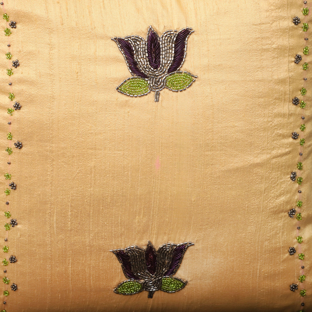 Beige - Lotus Buta - Sequin & Beadwork Raw Silk Cushion Cover (Set of 5)