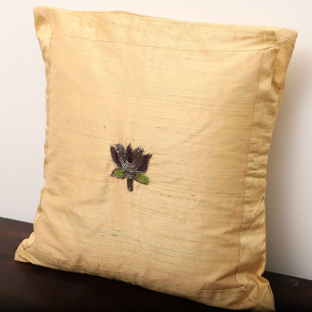 Beige - Lotus Buta - Sequin & Beadwork Raw Silk Cushion Cover (Set of 5)