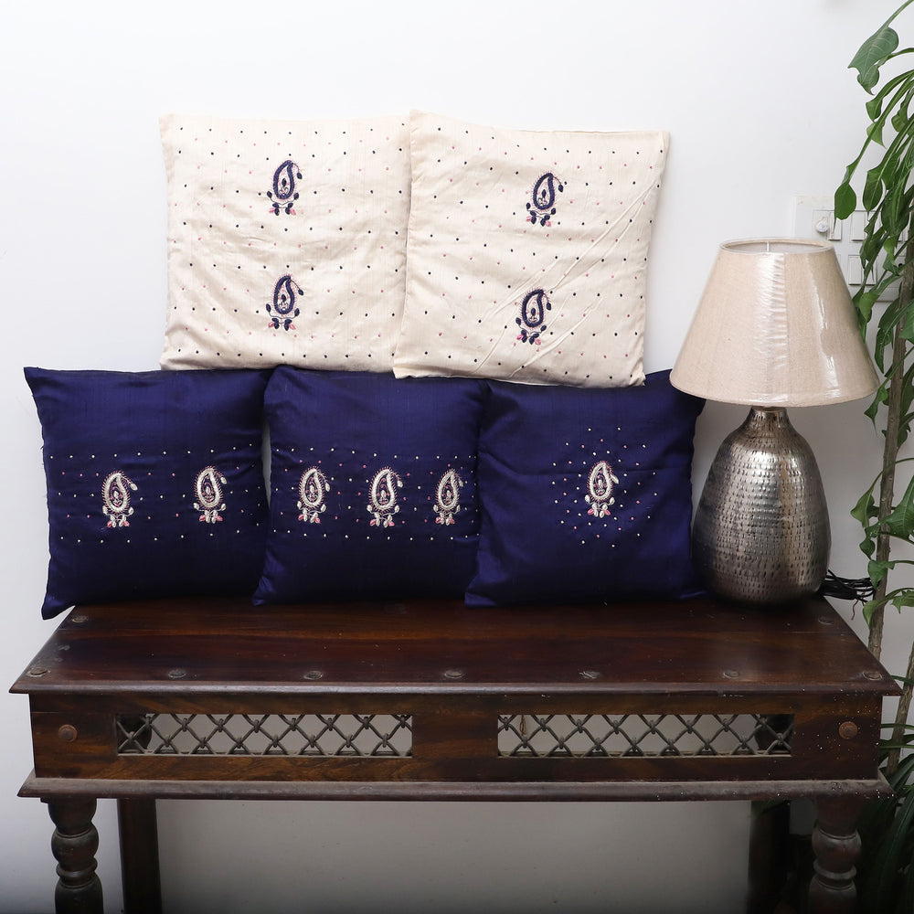 Blue - Paisley Butas - Zardozi Hand Embroidered Raw Silk Cushion Cover (Set of 5)