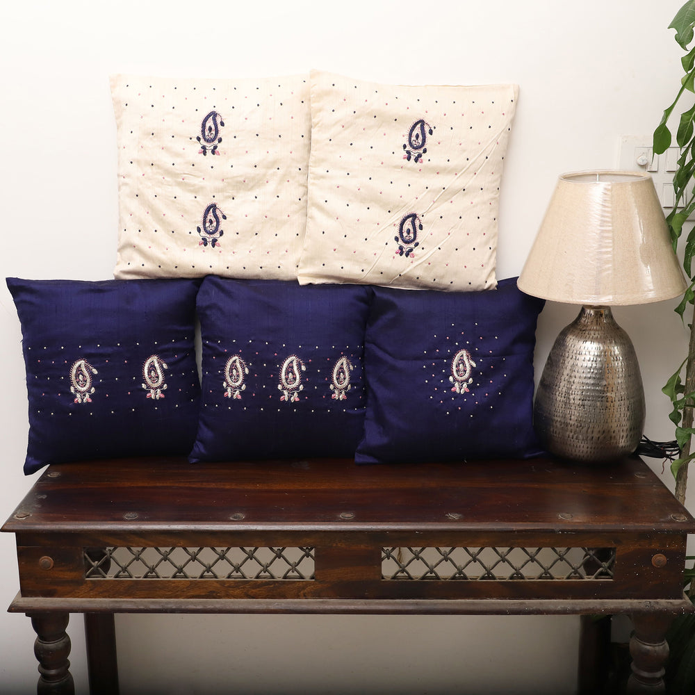 Blue - Paisley Butas - Zardozi Hand Embroidered Raw Silk Cushion Cover (Set of 5)