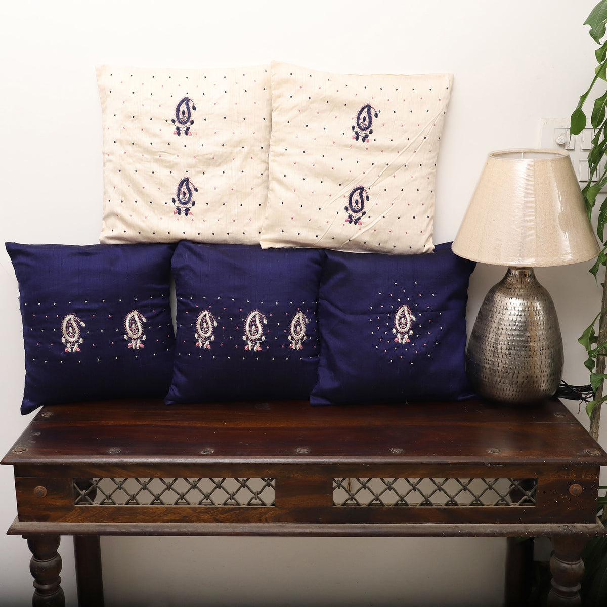 Paisley Butas - Zardozi Hand Embroidered Raw Silk Cushion Cover (Set of 5)