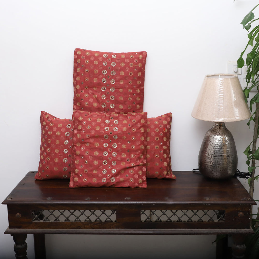 Red - Sequin Work Chanderi Cushion Cover