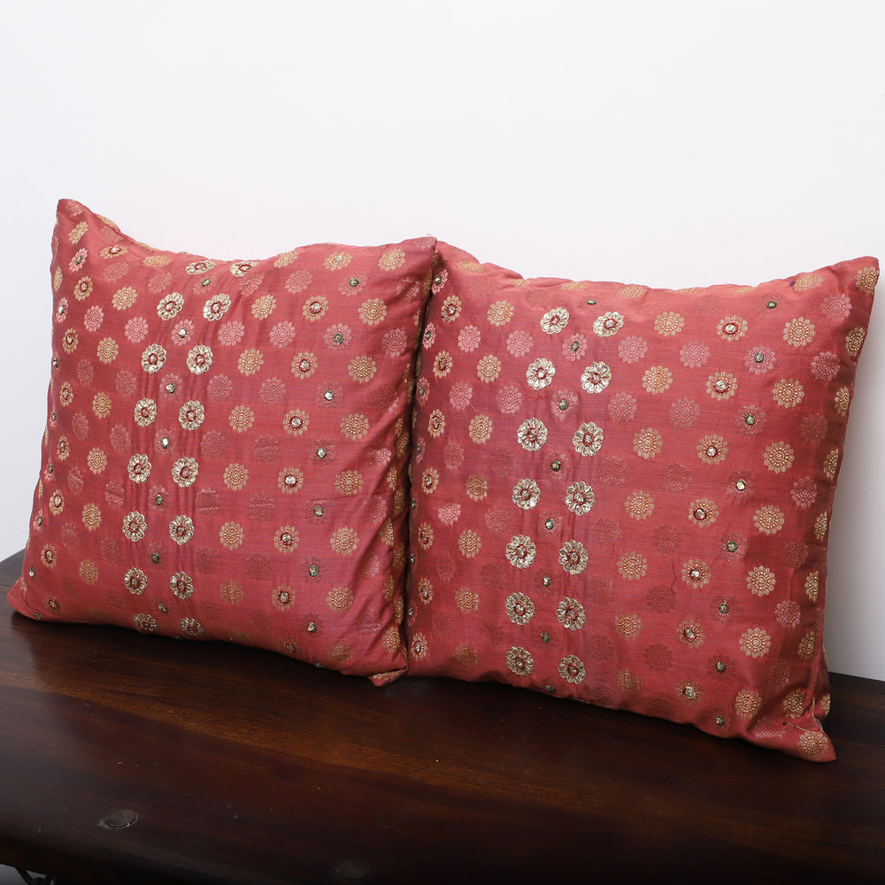 Red - Sequin Work Chanderi Cushion Cover