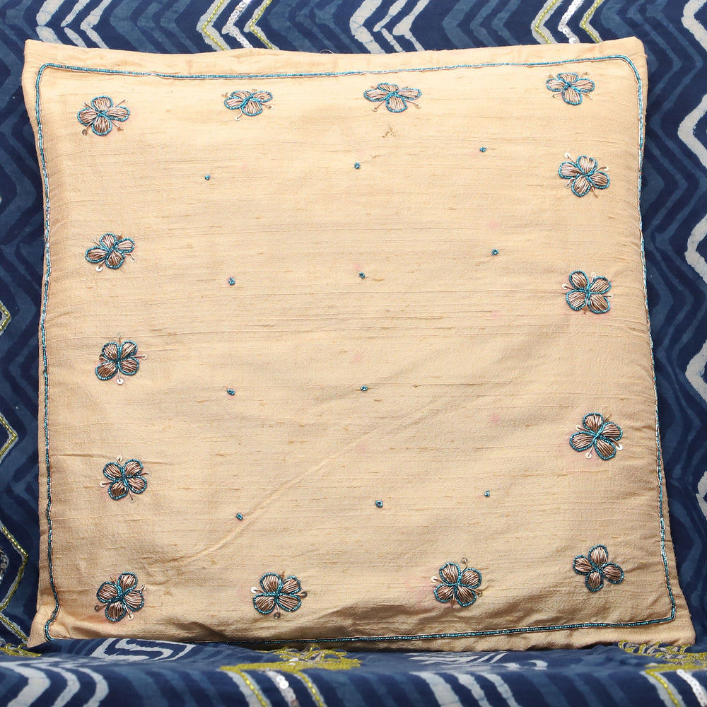 Beige - Flower Butas - Zardozi Hand Embroidered Raw Silk Cushion Cover