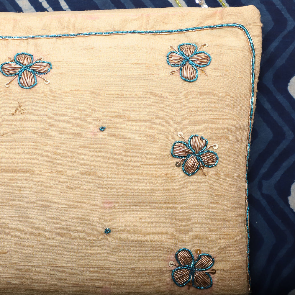 Beige - Flower Butas - Zardozi Hand Embroidered Raw Silk Cushion Cover