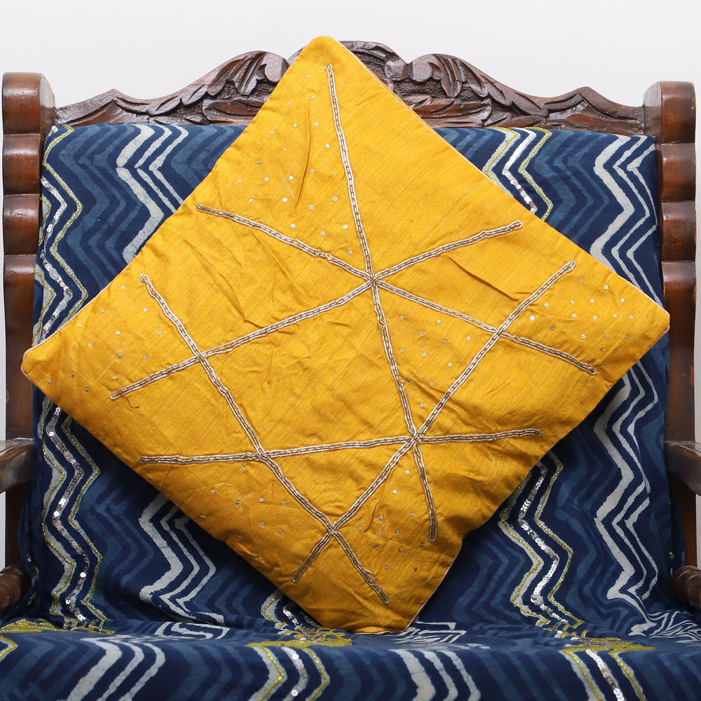 Yellow - Zardozi Hand Embroidered Raw Silk Cushion Cover