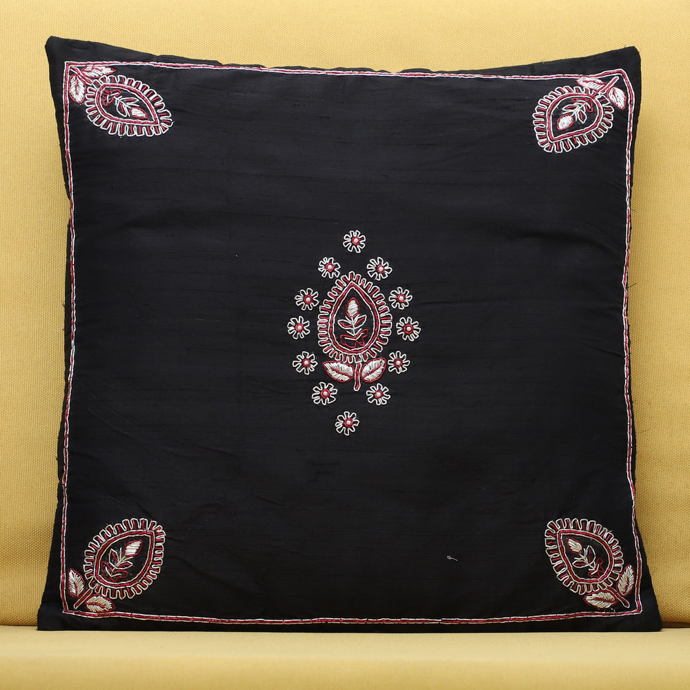 Black - Leaf Butas - Zardozi Hand Embroidered Raw Silk Cushion Cover