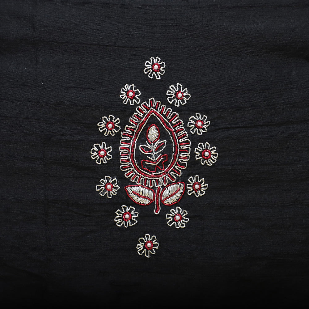 Black - Leaf Butas - Zardozi Hand Embroidered Raw Silk Cushion Cover