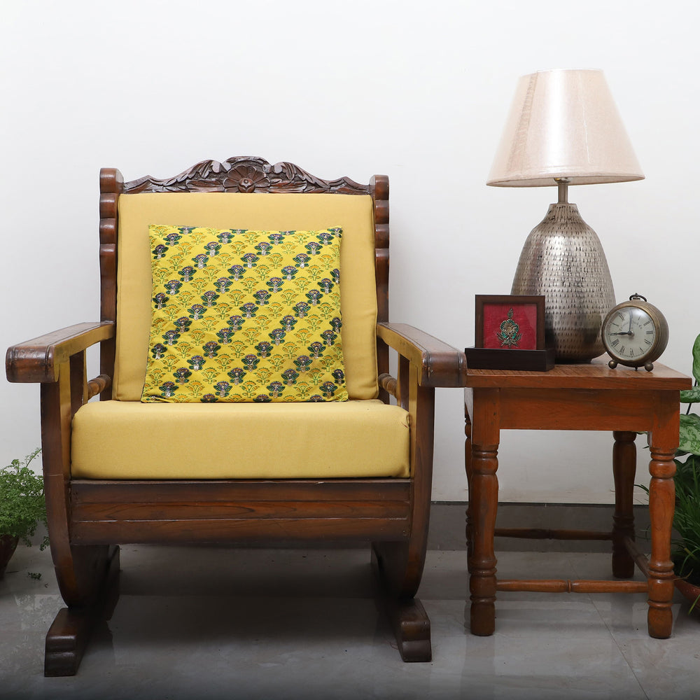 Yellow - Flower - Alazarin Hand Block Printed Cotton Cushion Cover with Beadwork