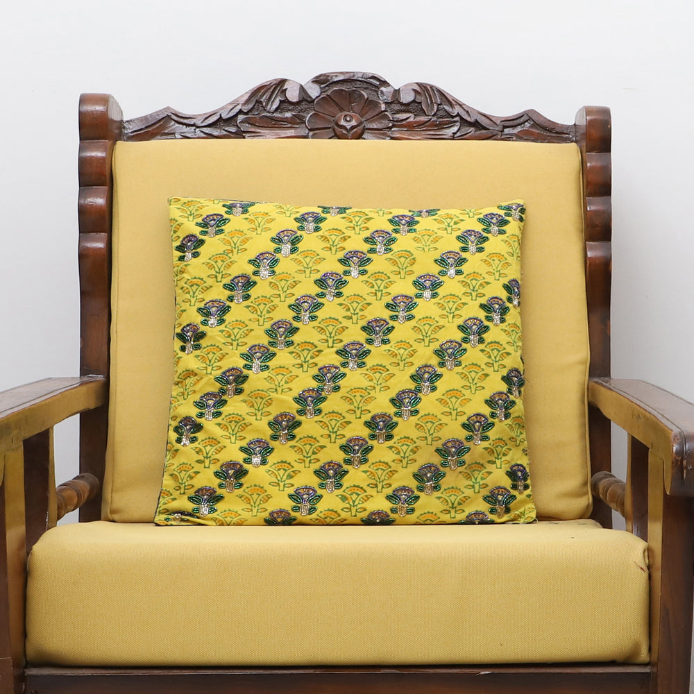 Yellow - Flower - Alazarin Hand Block Printed Cotton Cushion Cover with Beadwork