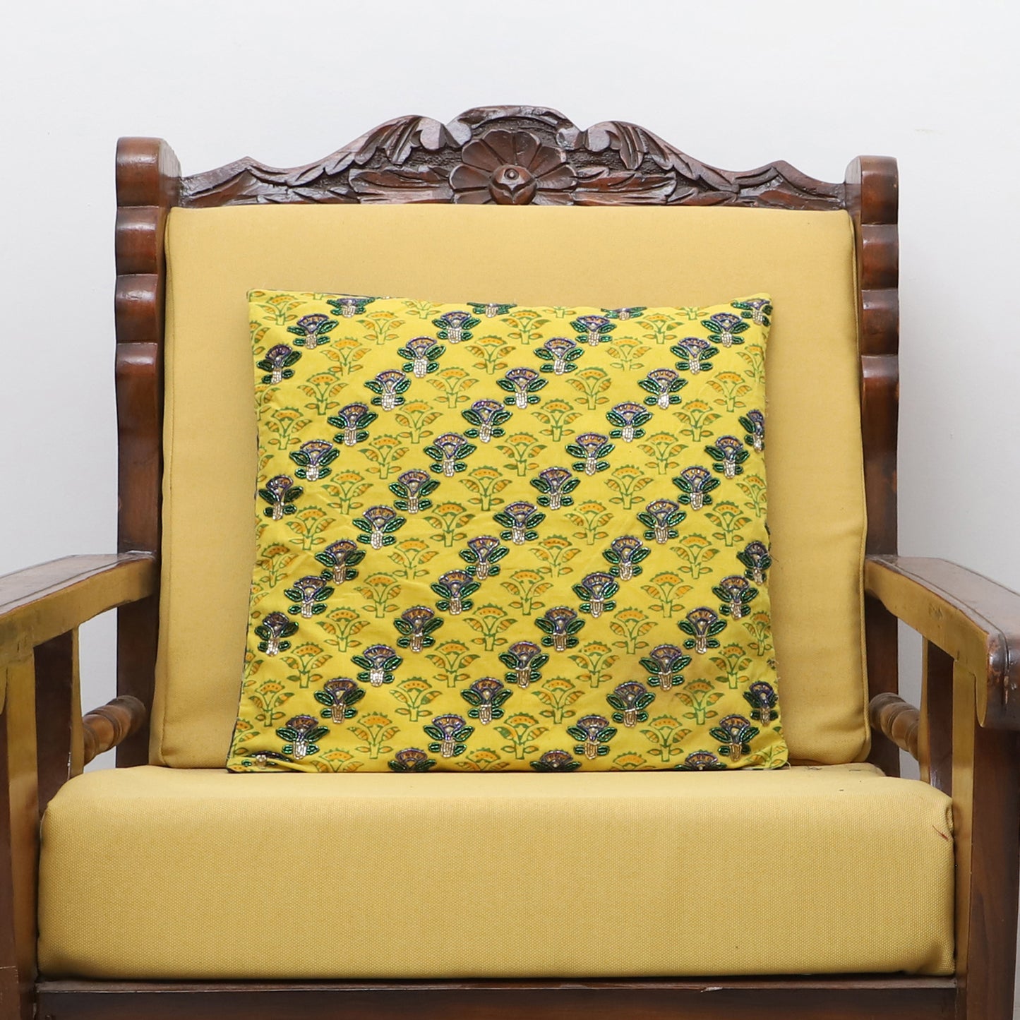 Flower - Alazarin Hand Block Printed Cotton Cushion Cover with Beadwork