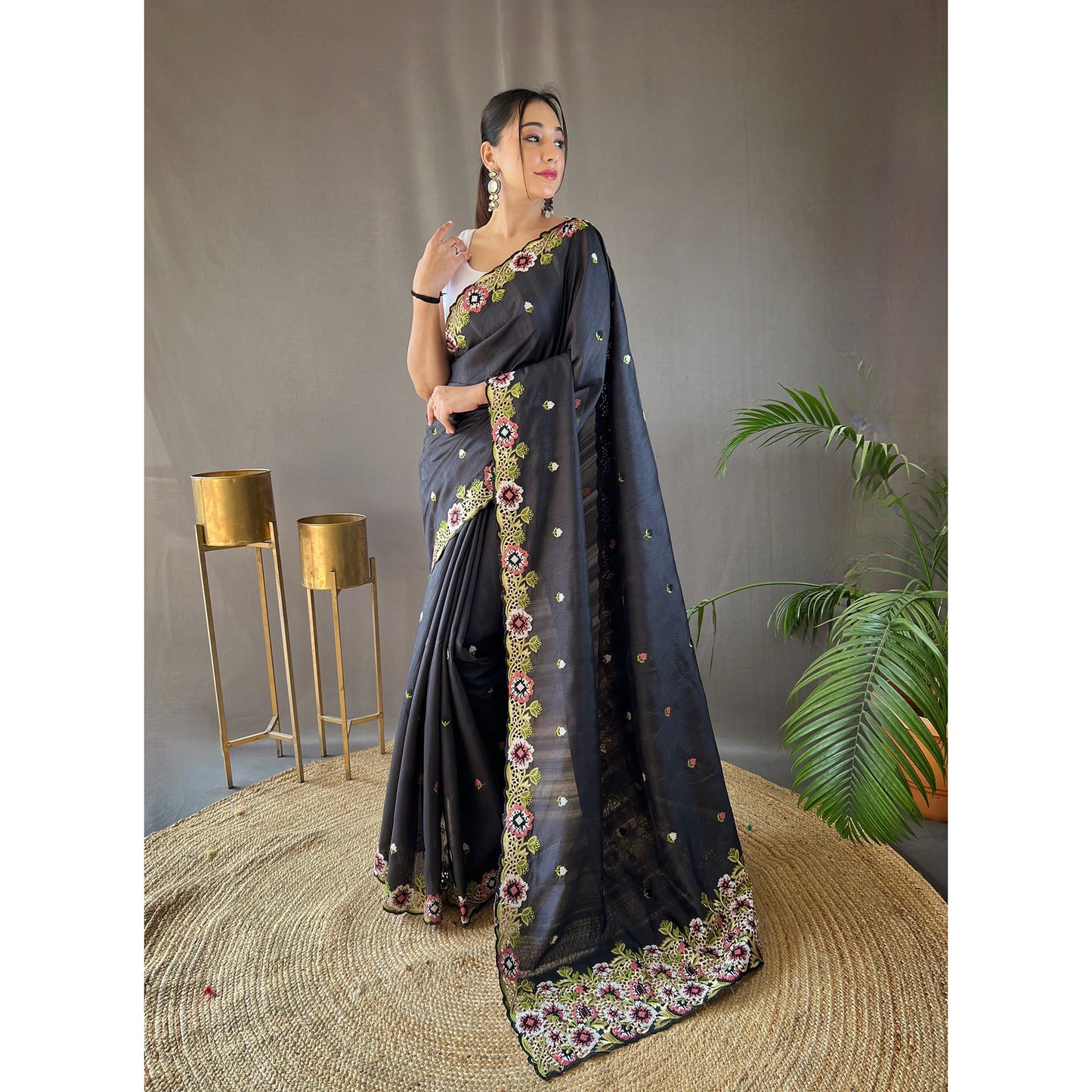 Narmada Black Tussar Silk Handwork Saree