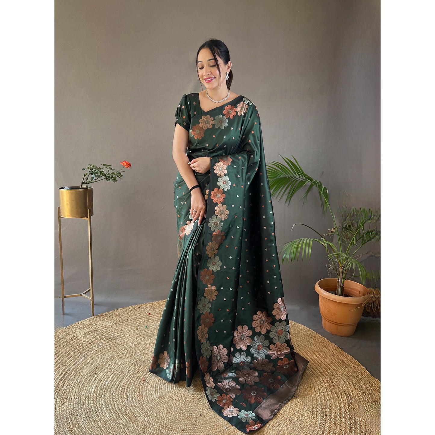 Grey - Siya Bottle Green Soft Silk Handwork Saree