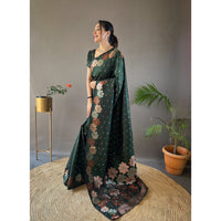 Grey - Siya Bottle Green Soft Silk Handwork Saree