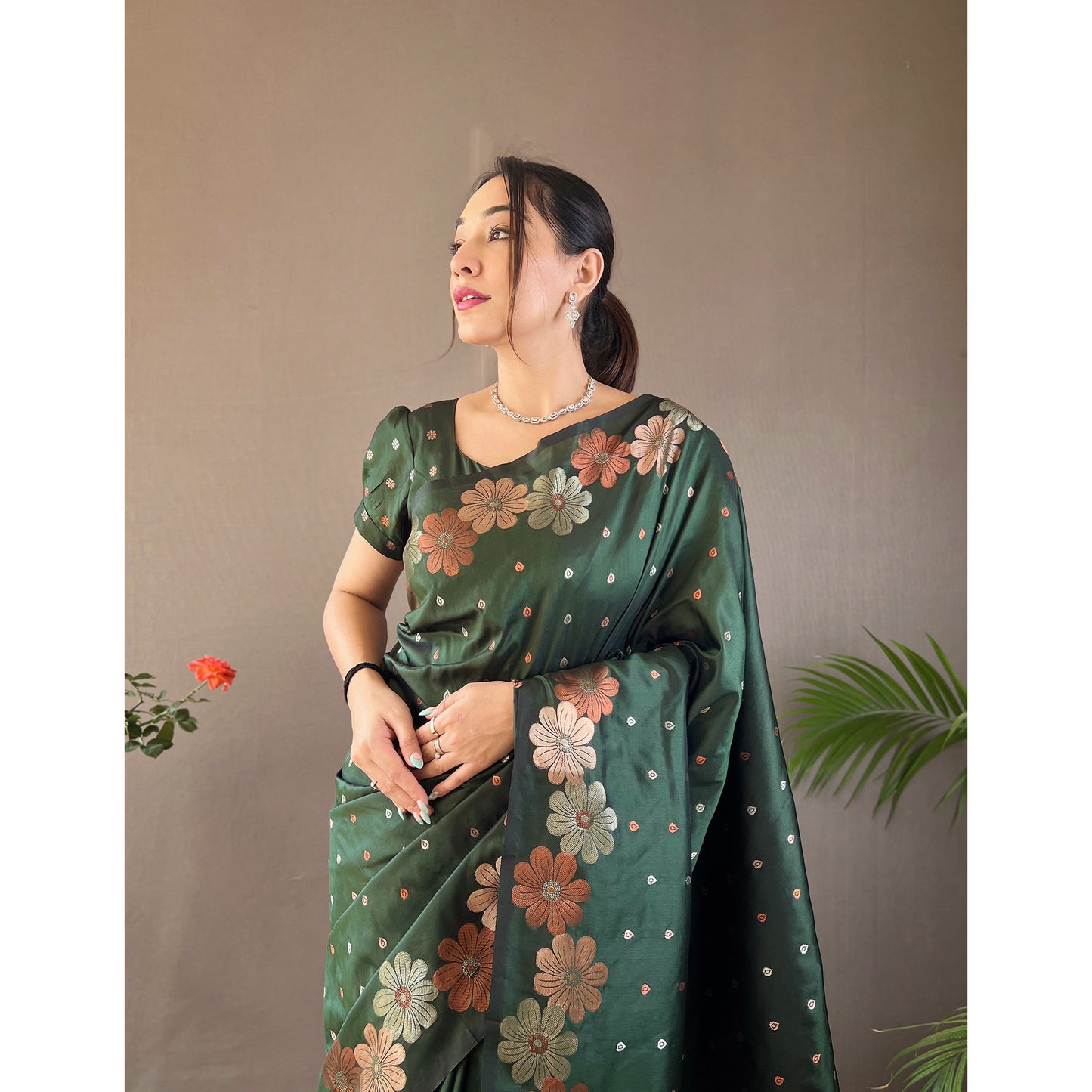 Grey - Siya Bottle Green Soft Silk Handwork Saree