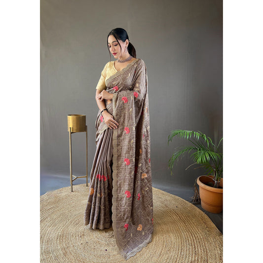 Leela Brown Tussar Silk Handwork Saree