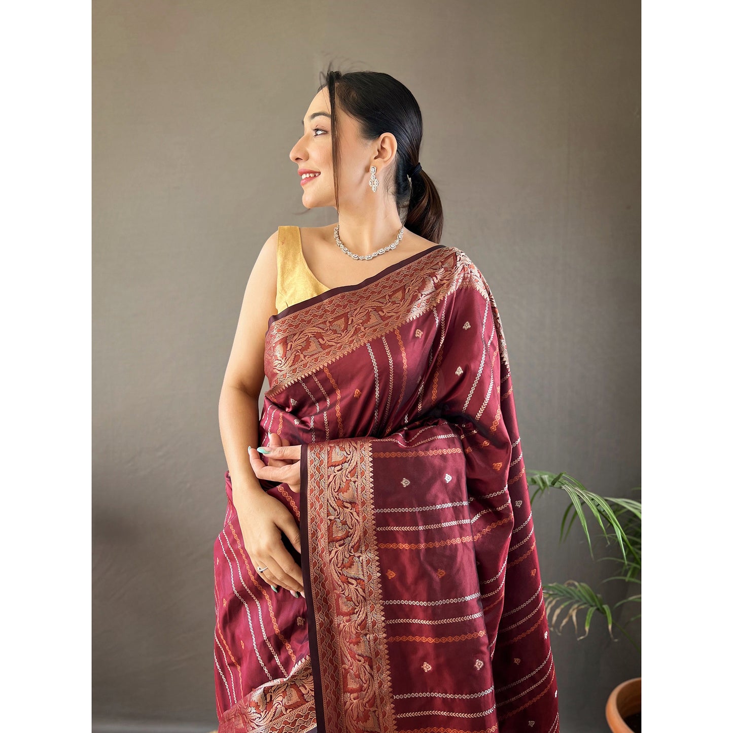 Maroon - Nidhi Brown Silk Handwork Saree