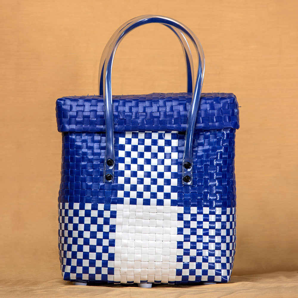 Handmade Blue & White Checks Multipurpose Basket with Lid