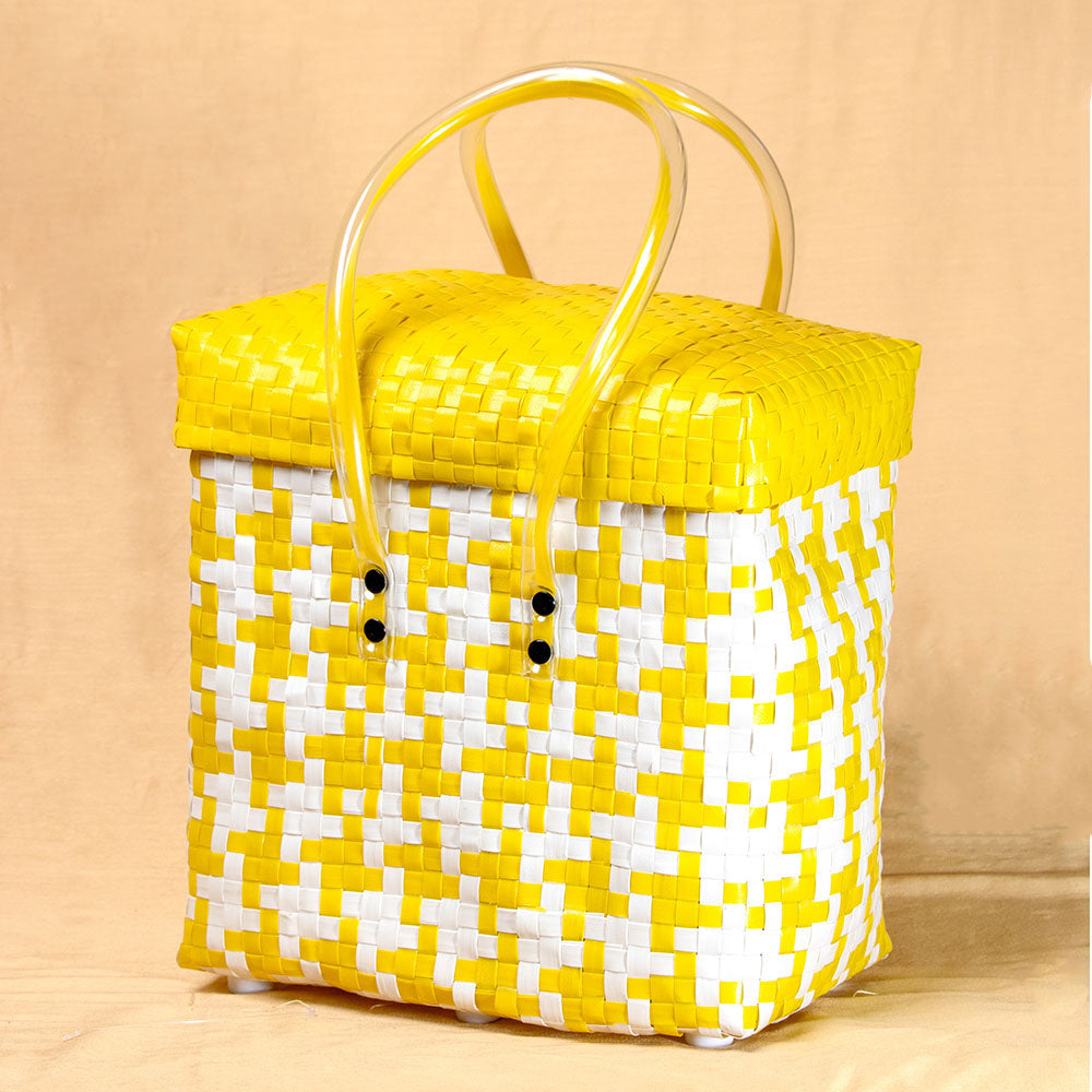 Handmade Yellow & White Multipurpose Basket with Lid