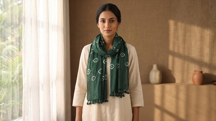 Kutch Handwoven Organic Kala Cotton Bandhani Stoles by Vinay Siju