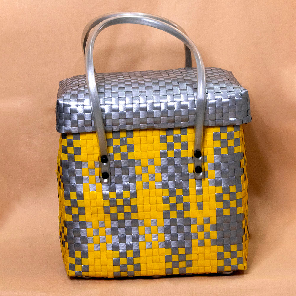 Handmade Yellow & Grey Checks Multipurpose Basket with Lid