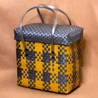 Handmade Yellow & Grey Checks Multipurpose Basket with Lid