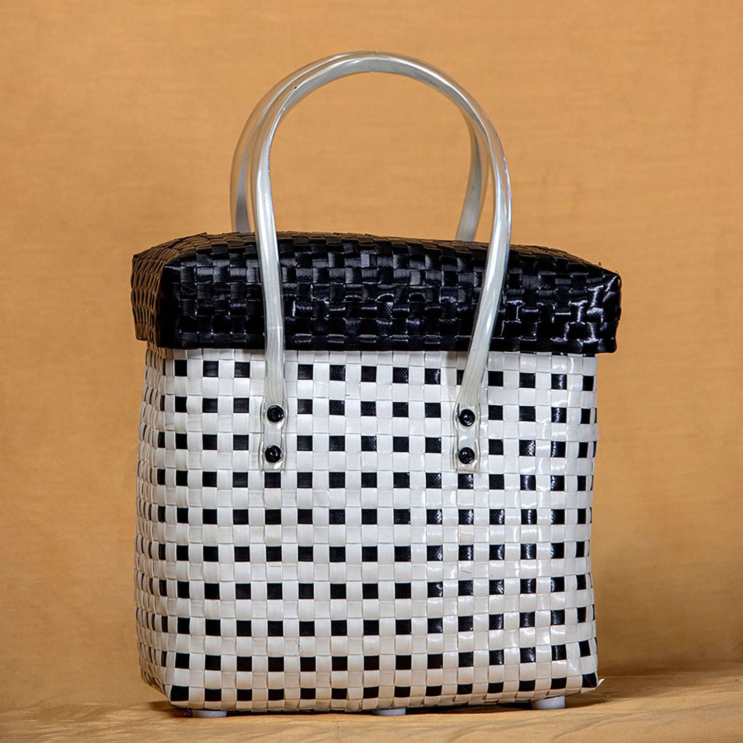 Handmade Black & White Checks Basket with Lid