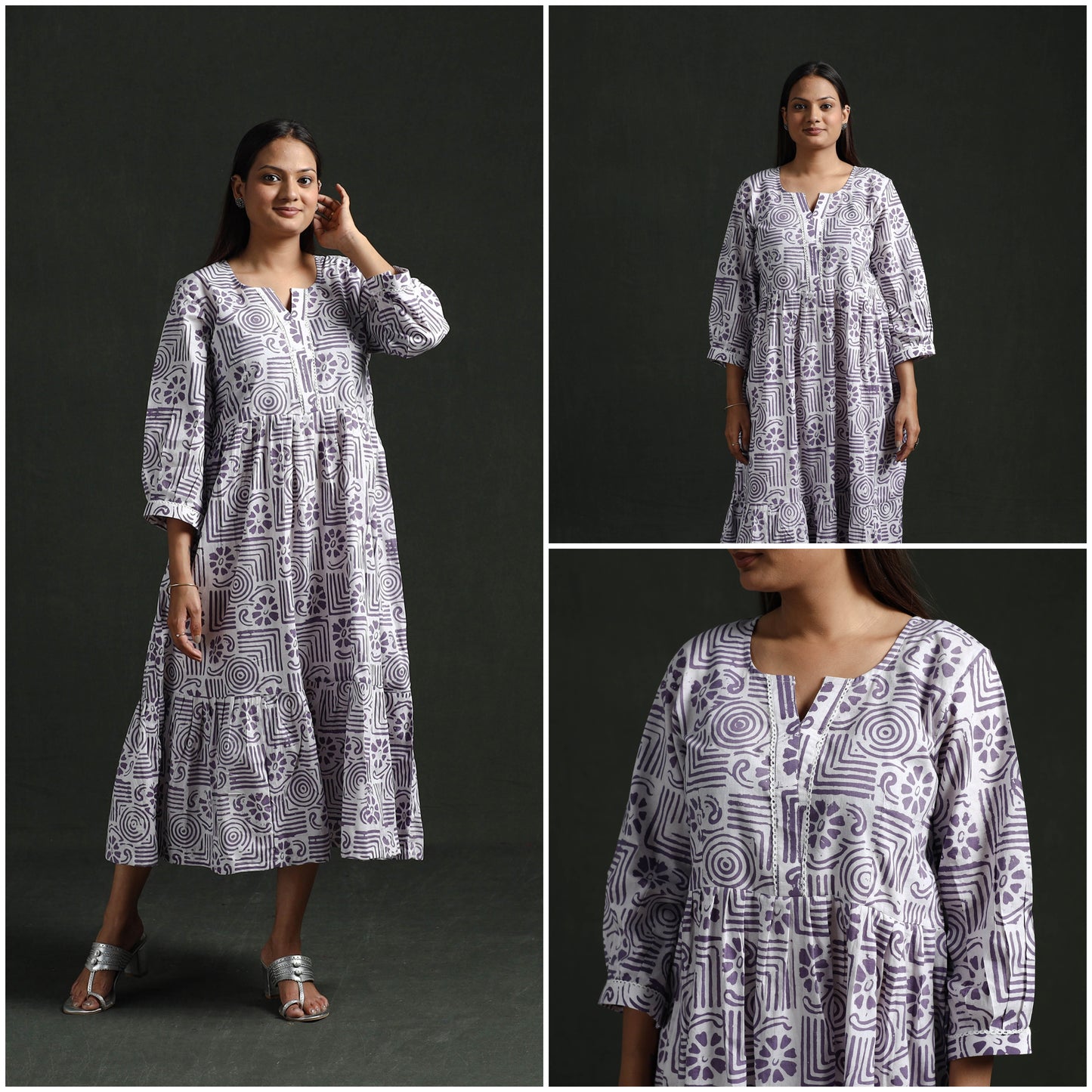 Tiered Flared Lace Work Cotton Hand Block Batik Print Dress 15