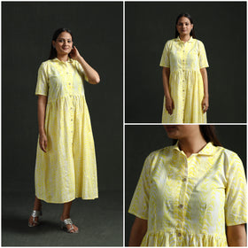 Collared Neck Buttoned Down Flared Cotton Hand Block Batik Print Dress 05