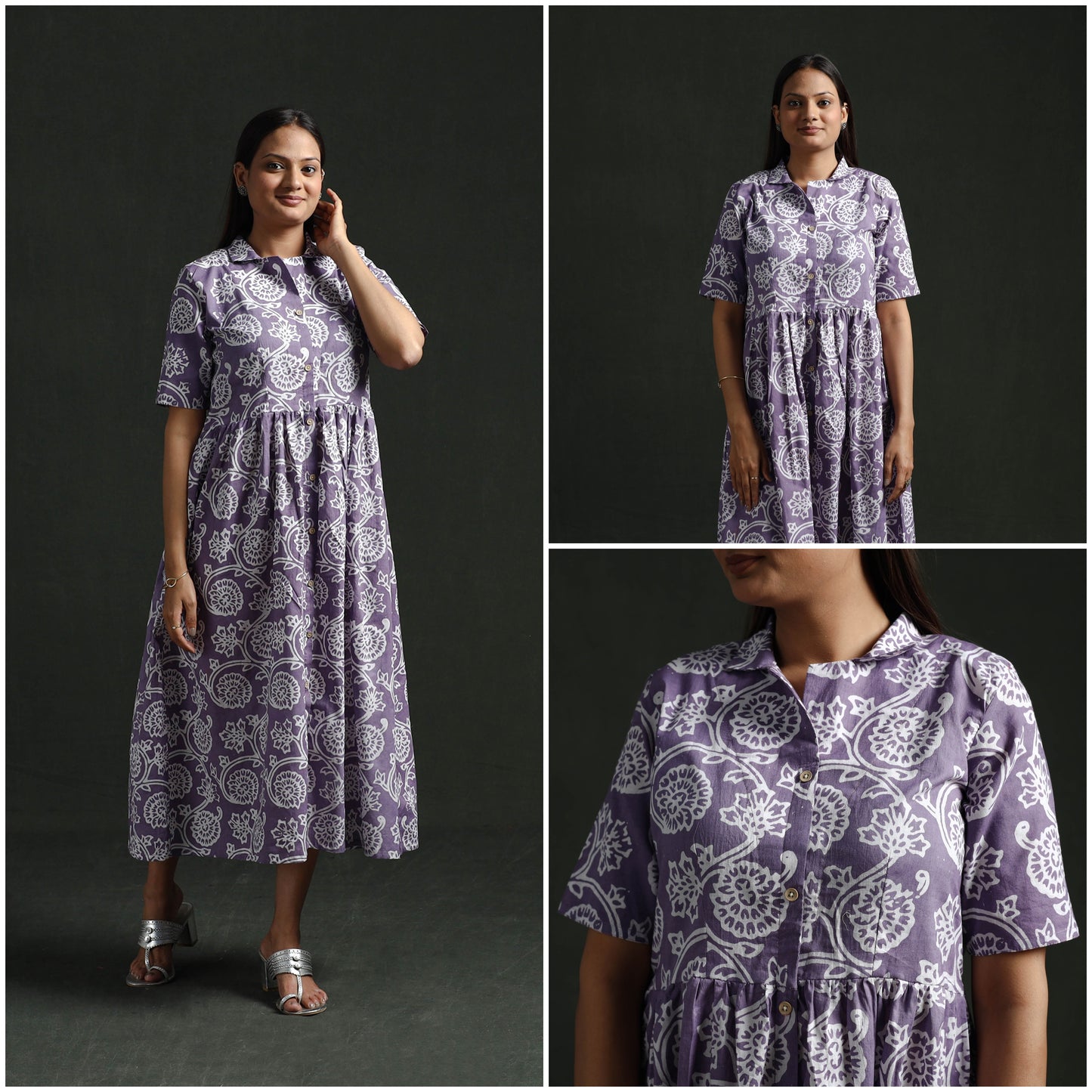 Collared Neck Buttoned Down Flared Cotton Hand Block Batik Print Dress 04