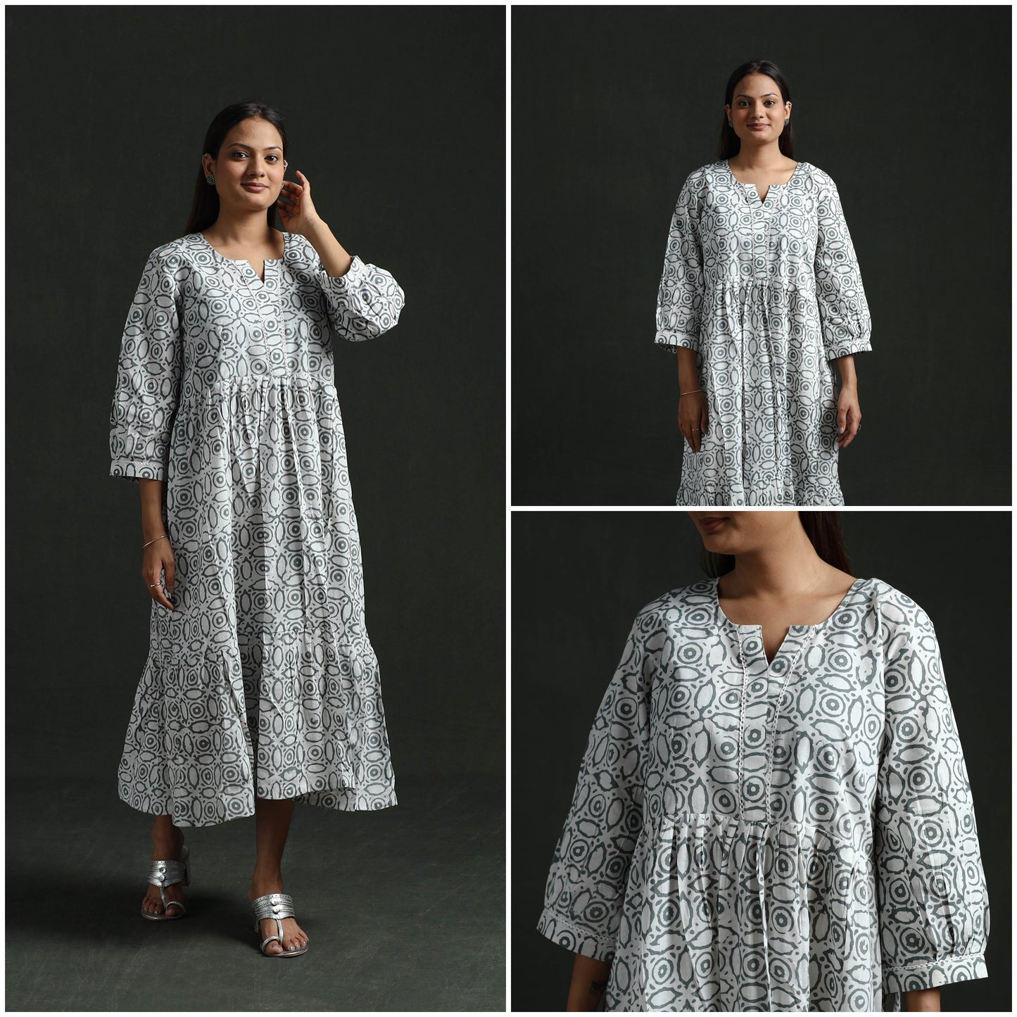 Tiered Flared Lace Work Cotton Hand Block Batik Print Dress 12