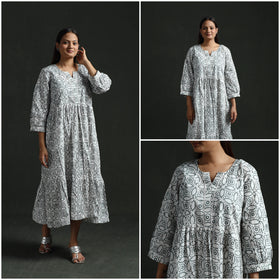 Tiered Flared Lace Work Cotton Hand Block Batik Print Dress 12