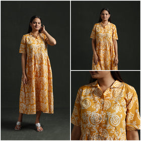 Collared Neck Buttoned Down Flared Cotton Hand Block Batik Print Dress 03