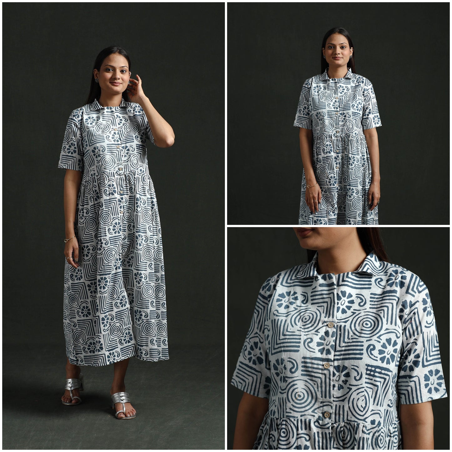 Collared Neck Buttoned Down Flared Cotton Hand Block Batik Print Dress 02