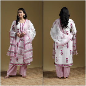 Pink - Sanganeri Hand Block Print Cotton Suit Set with Dupatta for women 06