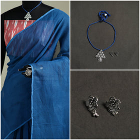 Blue - Nazaakat Kota Doria Cotton Plain Saree with Blouse & Jewellery Set 29