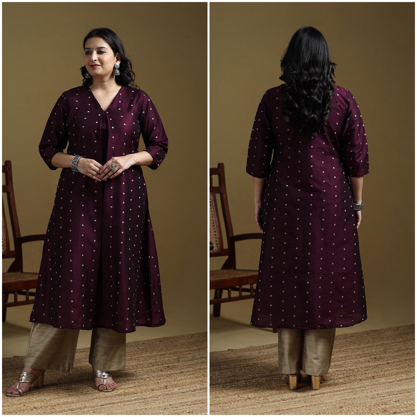 Purple - Plain Spun Dupion Viscose Silk Buti A-Line Kurta for women 13