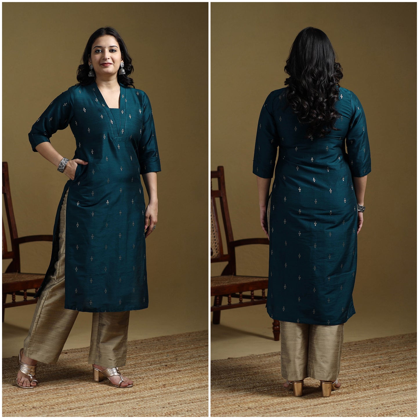 Green - Plain Spun Dupion Viscose Silk Buti Straight Kurta for women 08