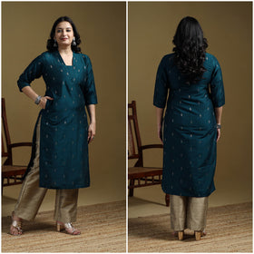 Green - Plain Spun Dupion Viscose Silk Buti Straight Kurta for women 08