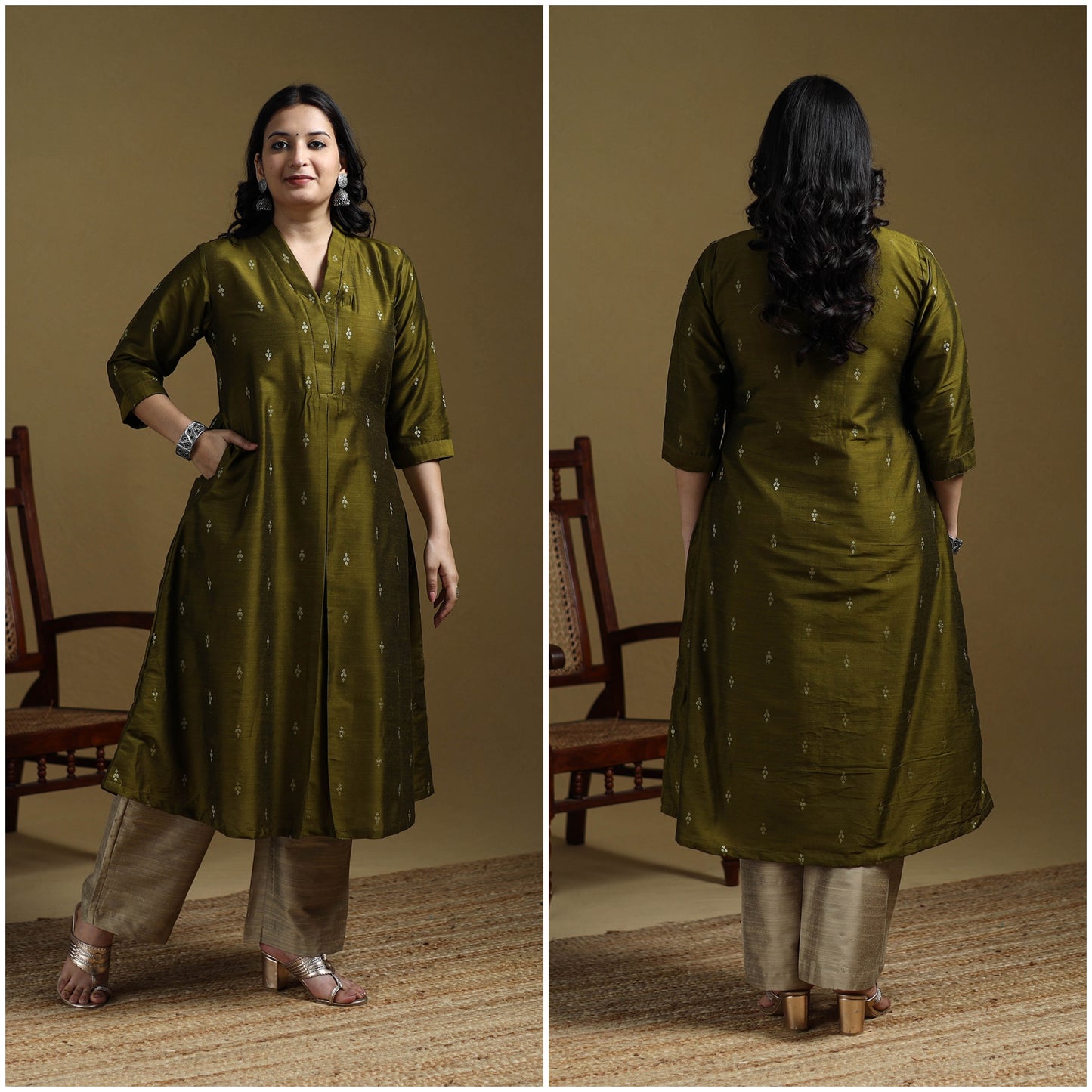 Green - Plain Spun Dupion Viscose Silk Buti A-Line Kurta for women 03