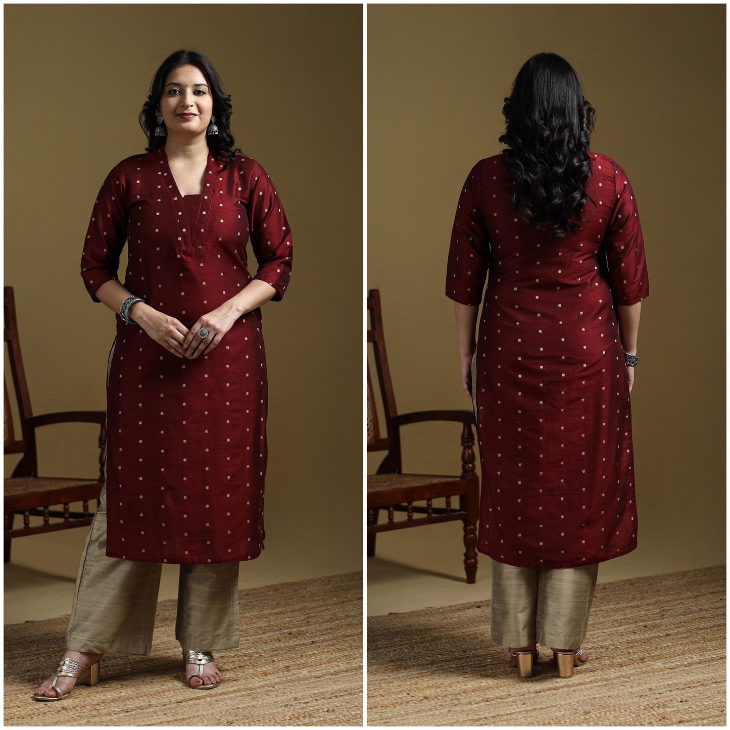 Maroon - Plain Spun Dupion Viscose Silk Buti Straight Kurta for women 07