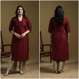 Maroon - Plain Spun Dupion Viscose Silk Buti Straight Kurta for women 07