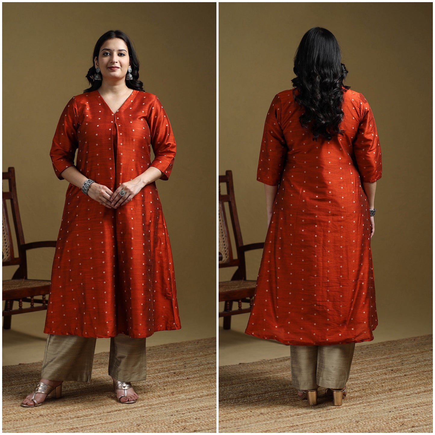 Orange - Plain Spun Dupion Viscose Silk Buti A-Line Kurta for women 11