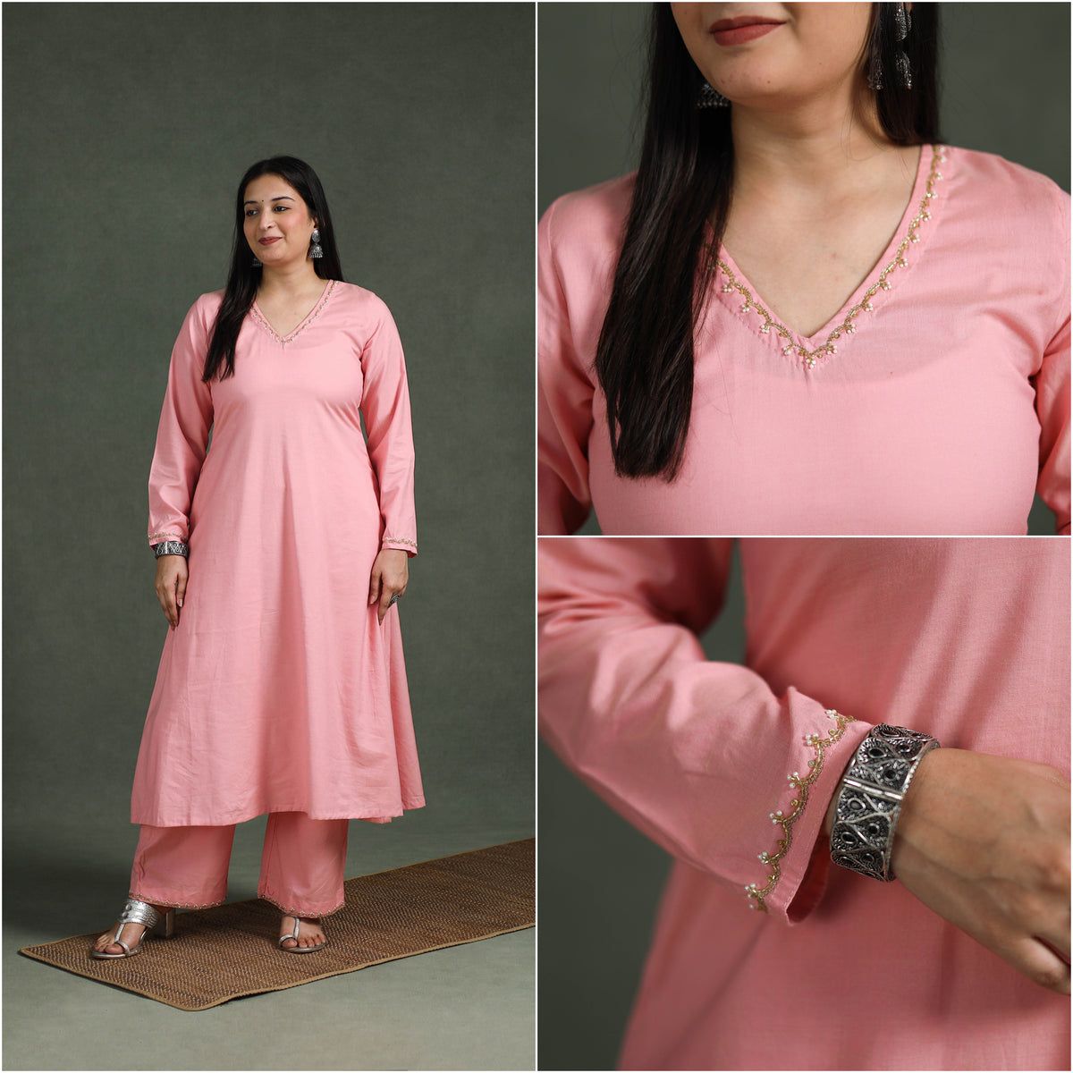 Plain Banana Fiber Soft Cotton Bead Work A-Line Kurta with Palazzo Set for women 10