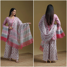 Pink - Sanganeri Hand Block Print Cotton Suit Set with Dupatta for women 29