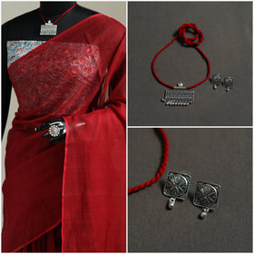 Red - Nazaakat Kota Doria Cotton Plain Saree with Blouse & Jewellery Set 94