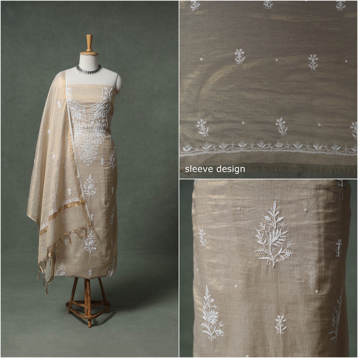 Lucknowi Chikankari Beadwork Tissue Zari Silk Unstitched Dress Material: Kurta with Dupatta 01