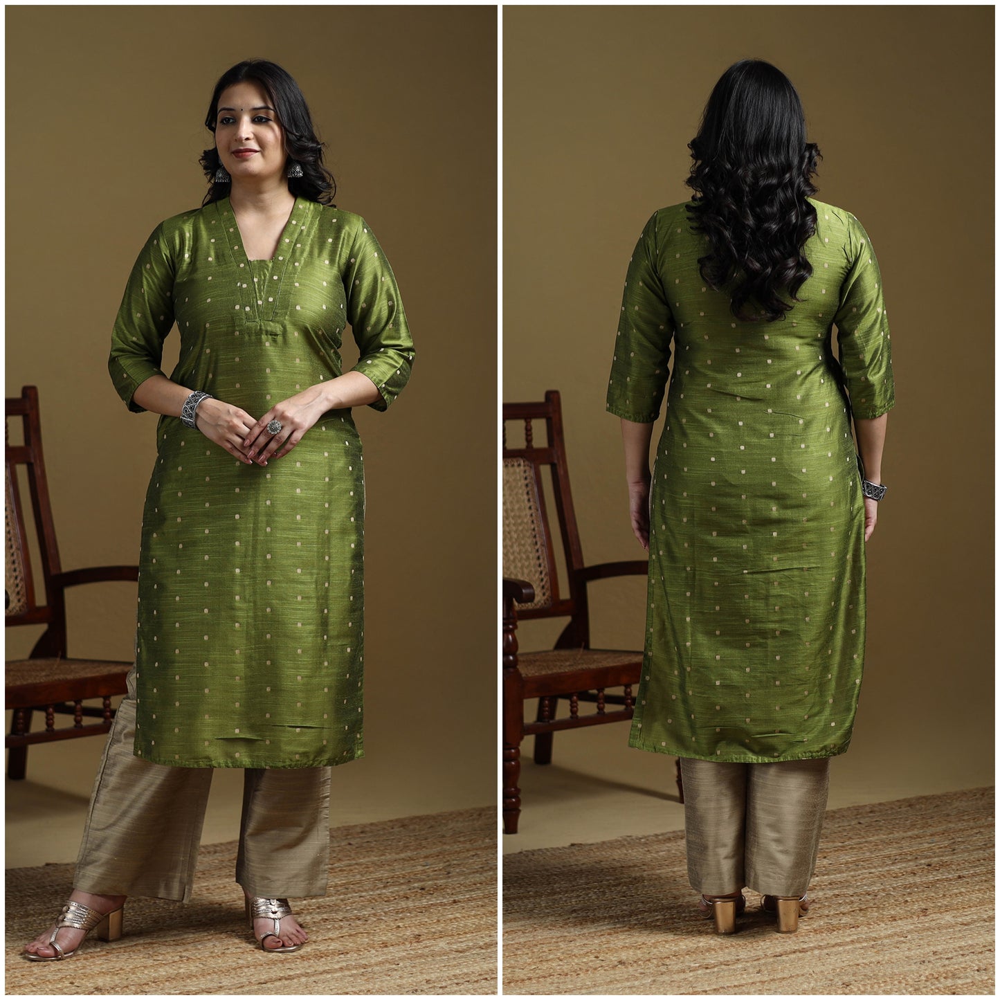 Green - Plain Spun Dupion Viscose Silk Buti Straight Kurta for women 10