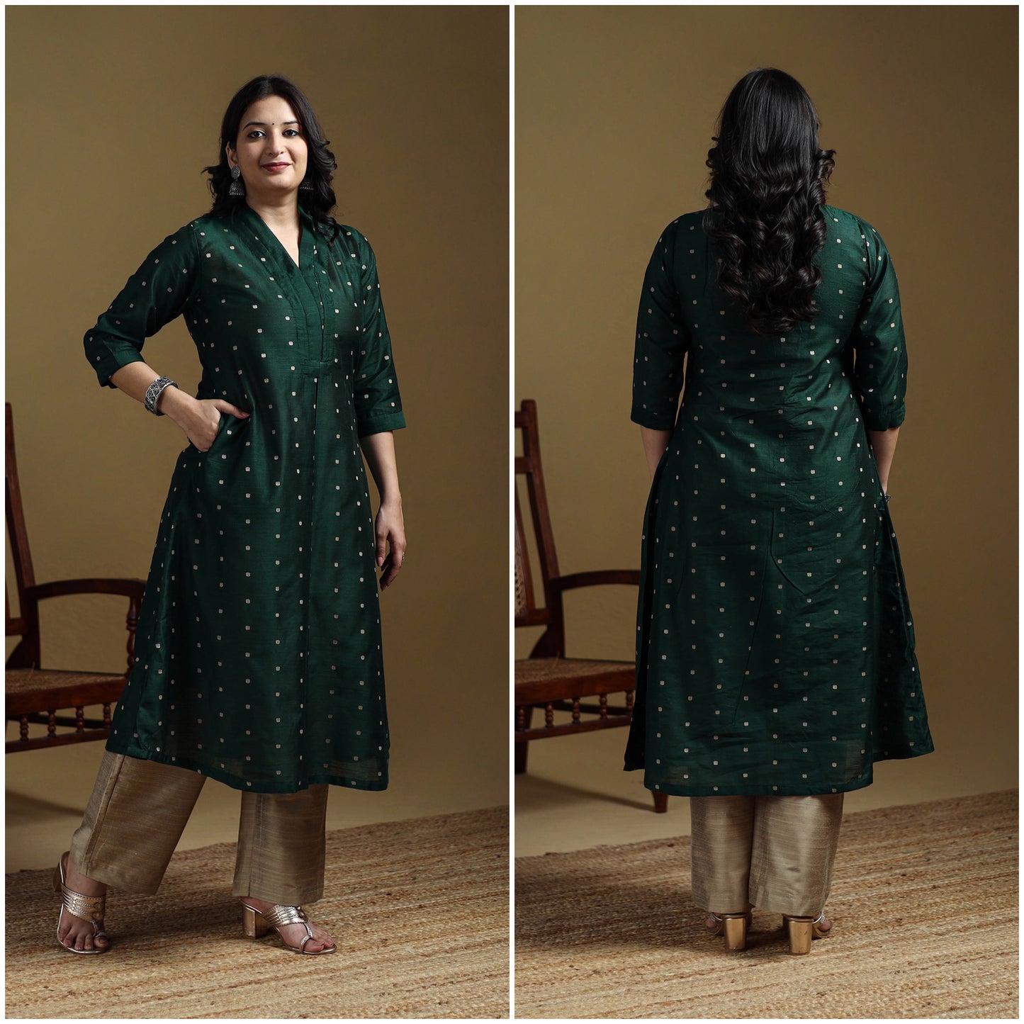 Green - Plain Spun Dupion Viscose Silk Buti A-Line Kurta for women 02