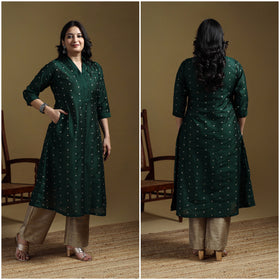 Green - Plain Spun Dupion Viscose Silk Buti A-Line Kurta for women 02